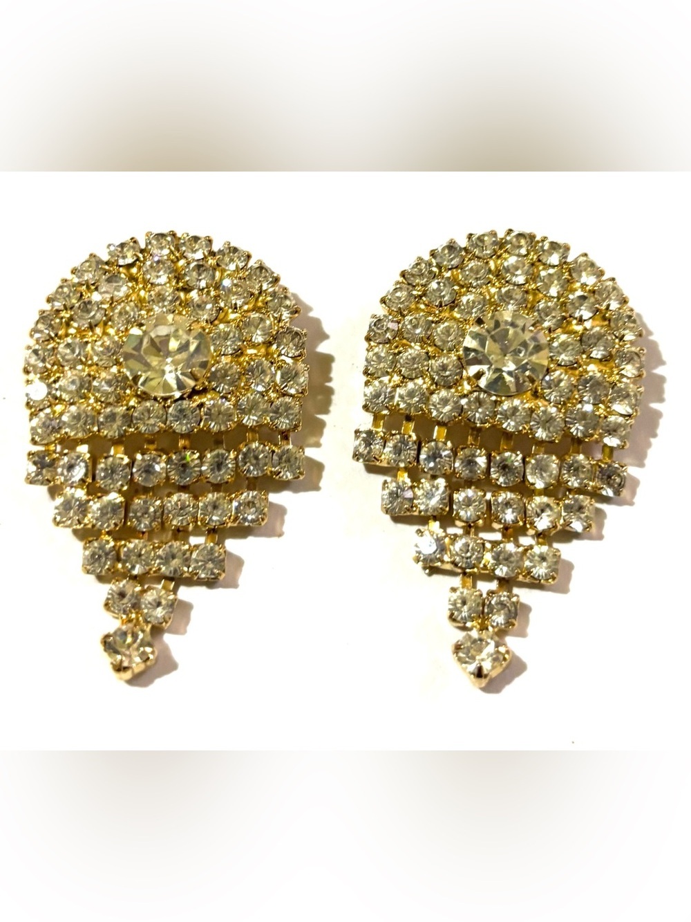 Vintage Gold Crystal Tiered clip Earrings